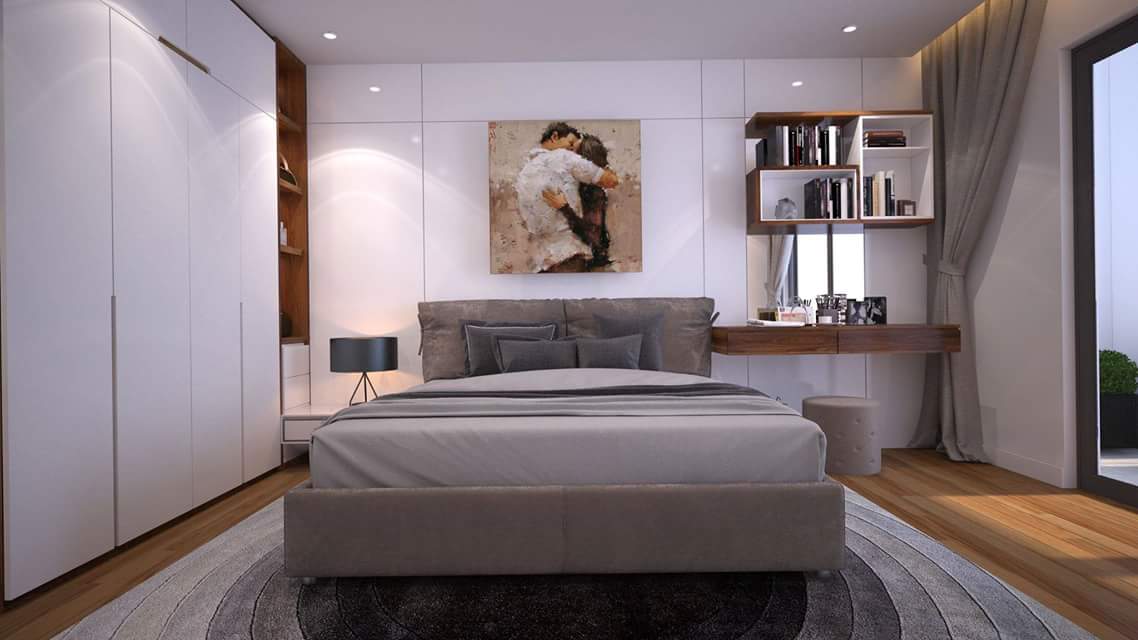 Nội thất gỗ, màu nâu tạo nên mẫu thiết kế nội thất phòng ngủ chung cư 70m2 đẹp hiện đại giá tốt vô cùng ấm áp.