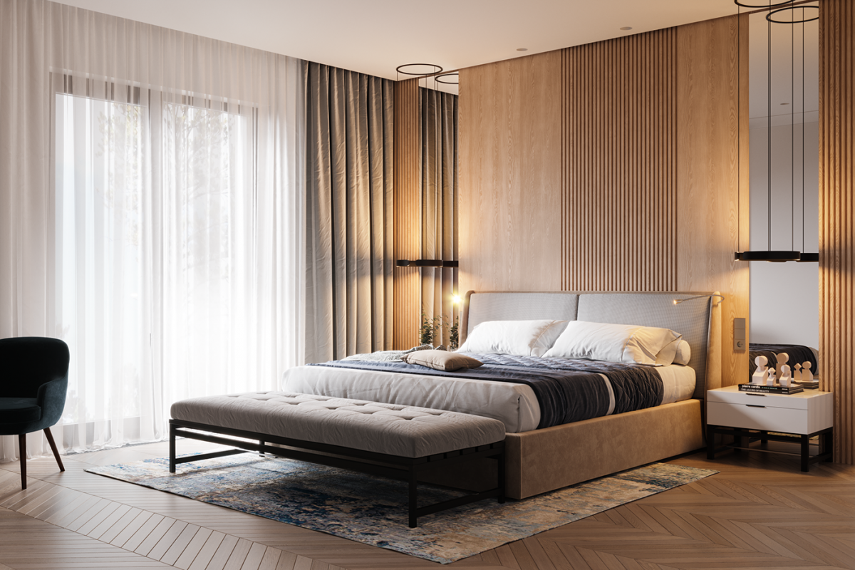 Nội thất gỗ, màu nâu tạo nên mẫu thiết kế nội thất phòng ngủ chung cư 70m2 đẹp hiện đại giá tốt vô cùng ấm áp.