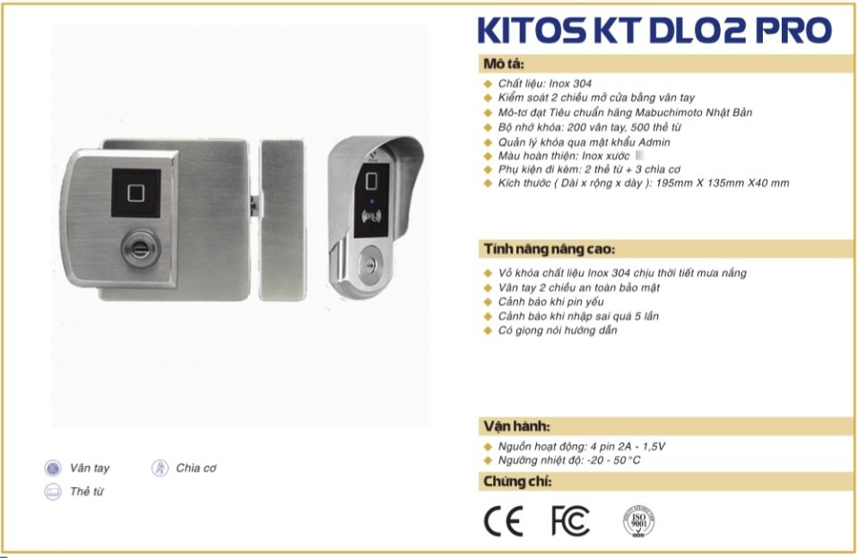thông số kỹ thuật khóa vân tay Kitos DL02 Pro